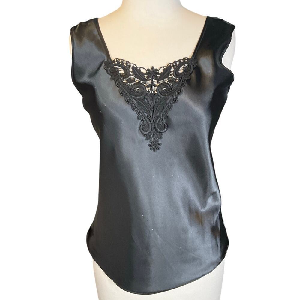 Vintage Y2K Escapades Black Satin Lace Applique Camisole Top Small Made in USA